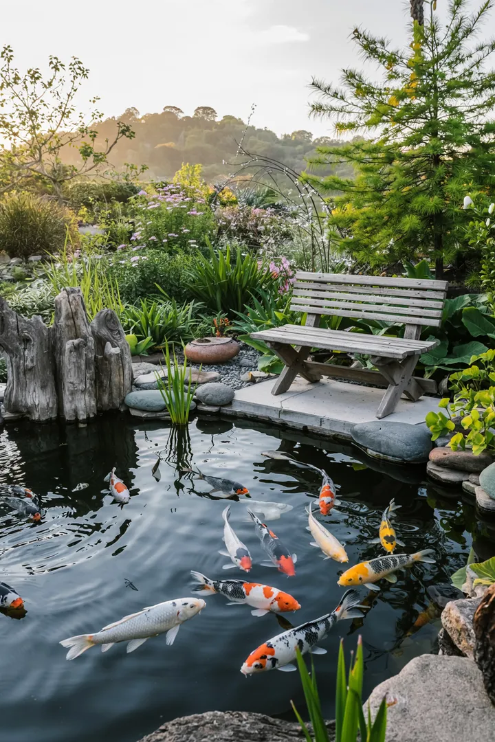 Ein ruhiger Wassergarten mit bunten Fischen, die elegant durch ein glitzerndes Gewässer schwimmen, umgeben von üppigem Grün und sanften Steinen.
