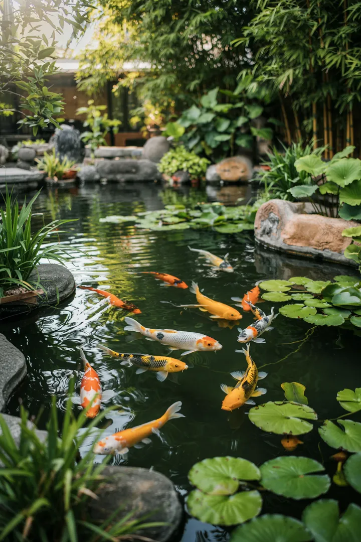 Ein friedlicher Wassergarten mit bunten Fischen, die durch das klare Wasser schwimmen und eine harmonische Atmosphäre schaffen. Ideal für entspannende Momente.