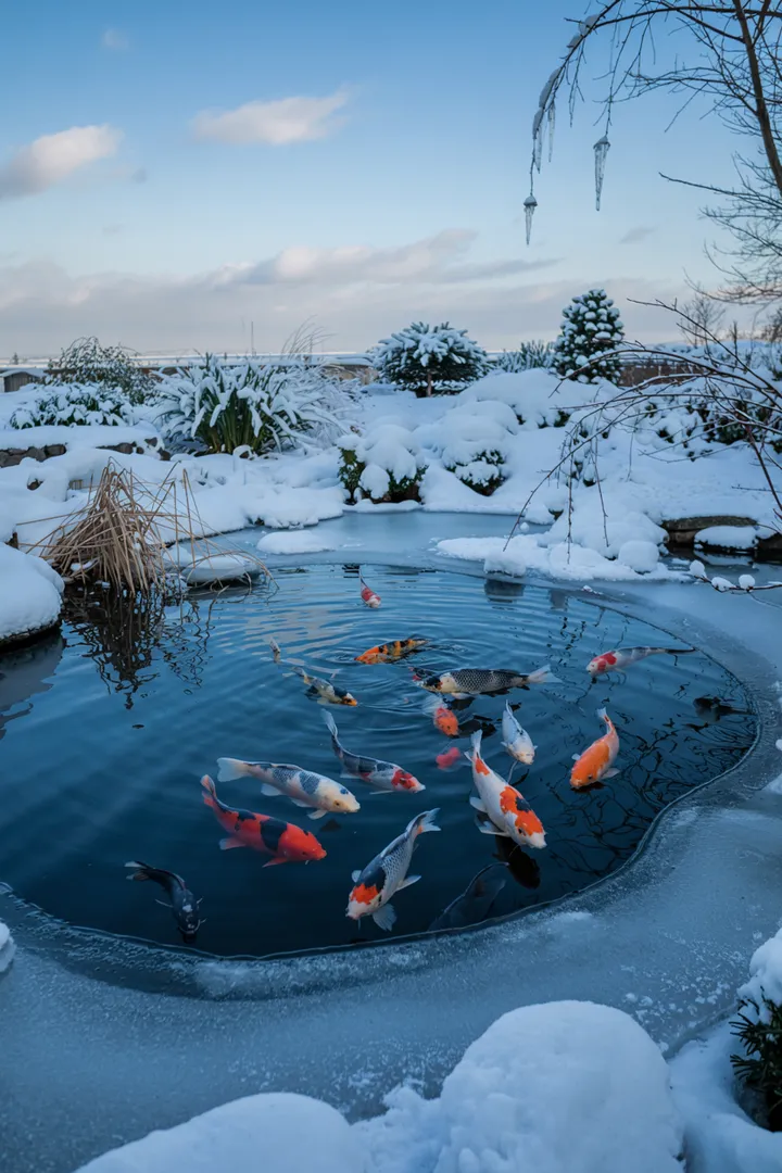 Ein idyllischer Wasserbereich mit lebhaften, bunten Fischen, die elegant durch das klare Wasser schwimmen, umgeben von üppigem Grün und sanften Steinen.