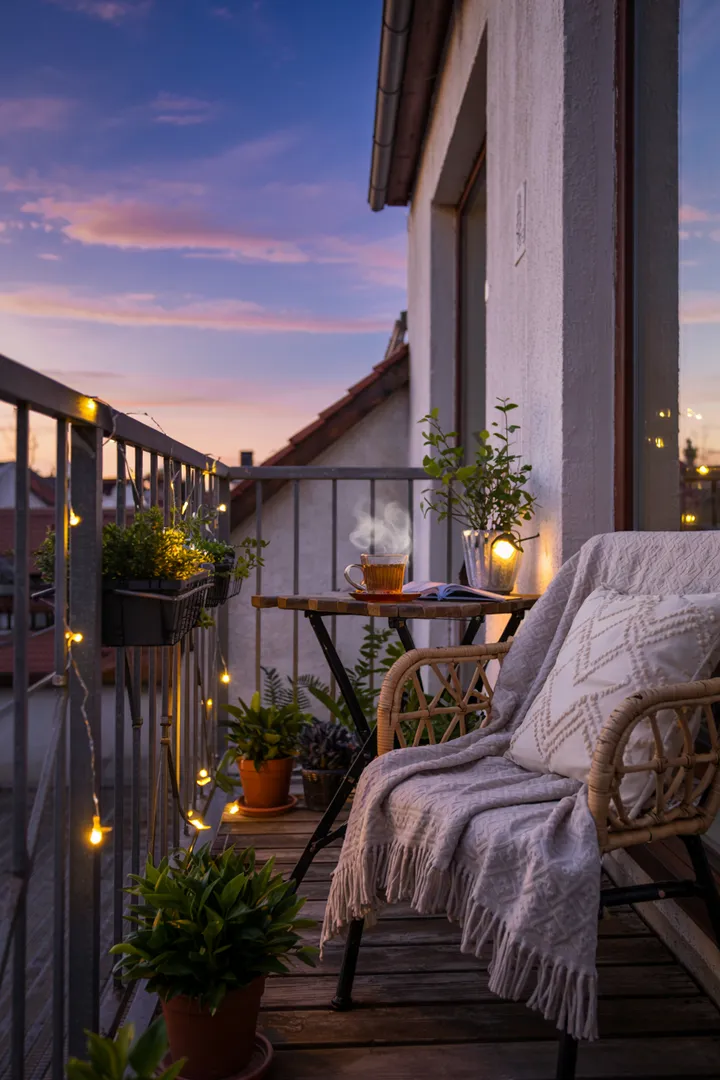 Ein eleganter Außenbereich mit Pflanzen und gemütlichen Sitzgelegenheiten, ideal für entspannte Momente auf einem schmalen Balkon.