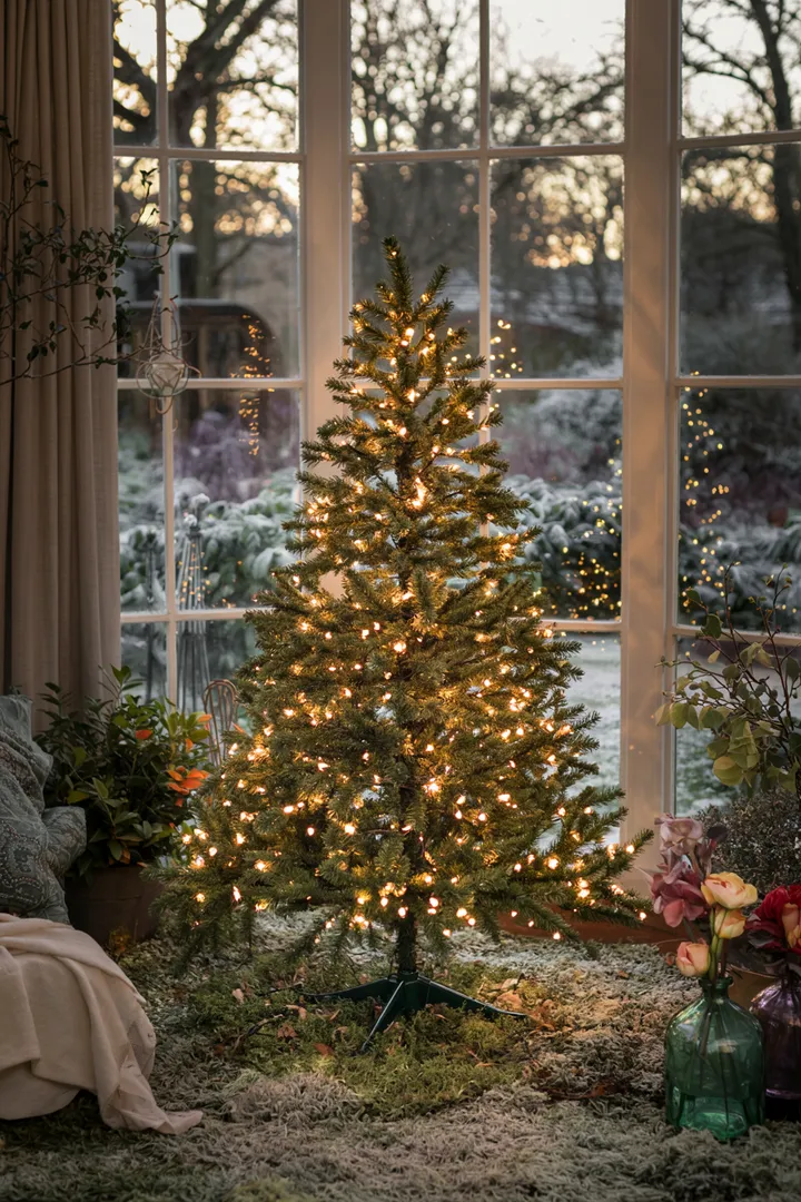 Ein zauberhaft leuchtender Baum, geschmückt mit funkelnden Lichtern, der eine festliche Atmosphäre schafft und Gemütlichkeit verbreitet.