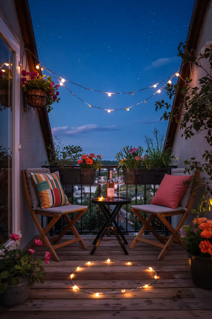 Ein eleganter, schmaler Balkon mit Pflanzen und gemütlichen Sitzgelegenheiten, ideal für entspannte Momente im Freien.