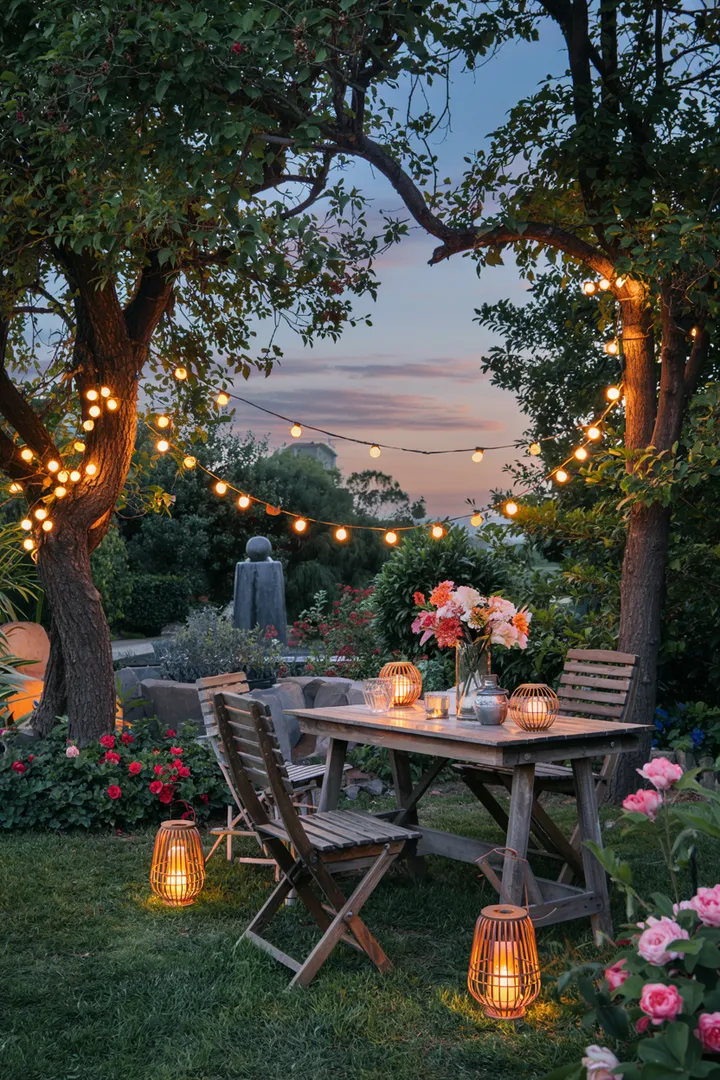 Gemütliche Außenansicht mit sanfter Beleuchtung, die eine festliche Atmosphäre für Sommerabende auf der Terrasse schafft. Ideal für gesellige Zusammenkünfte.