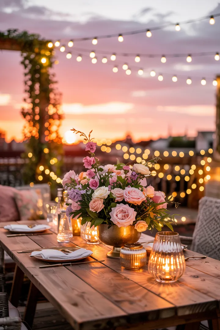 Gemütliche Außenfläche mit sanfter Beleuchtung, die eine einladende Atmosphäre für Abendstunden schafft, ideal für entspannte Zusammenkünfte.