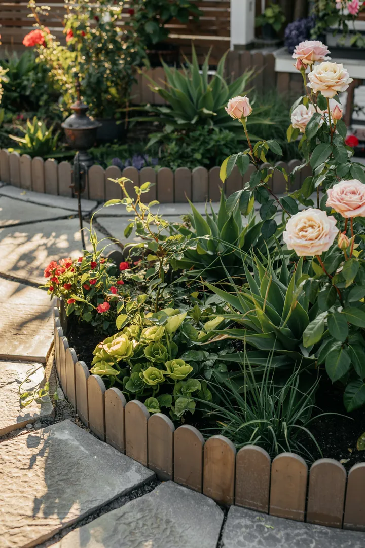 Bunte Pflanzen und lebendige Farben in einer harmonischen Anordnung, umgeben von einer stilvollen Begrenzung, die das Gartenarrangement betont. Ideal für Naturliebhaber.