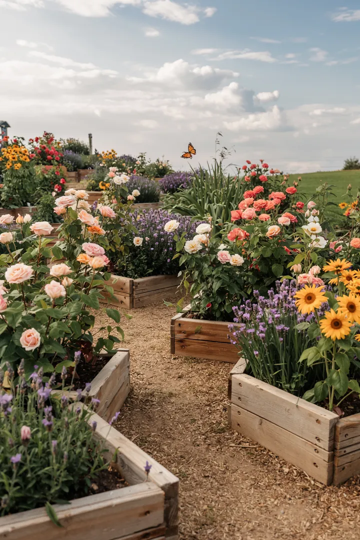Ein farbenfrohes Blumenbeet, umgeben von einer stilvollen Einfassung, die die lebendige Flora harmonisch zur Geltung bringt.