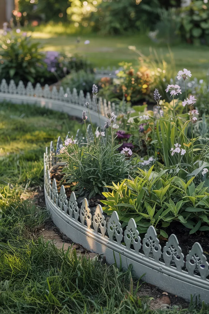 Ein gepflegter Garten mit einer klaren Abgrenzung zwischen Rasen und Blumenbeeten, die eine harmonische Mähkante bilden und die natürliche Schönheit unterstreichen.