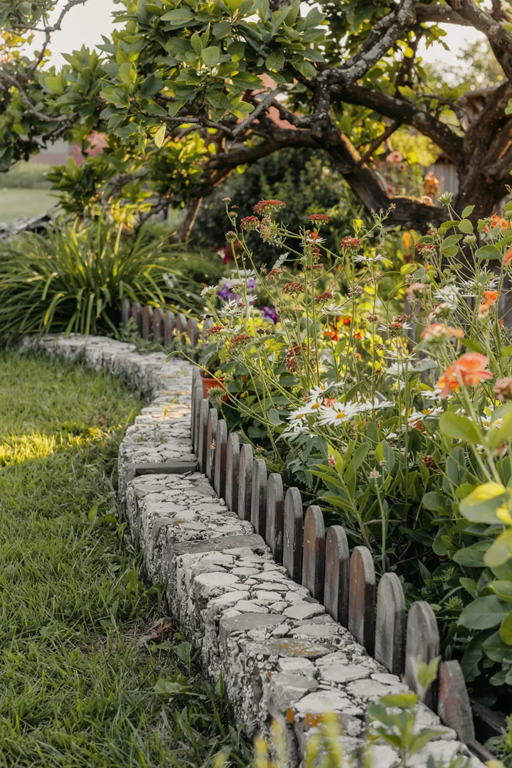 Ein idyllischer Außenbereich mit üppigem Grün, bunten Blumen und sorgfältig angeordneten Pflanzen, ideal für Gartenpflege und Entspannung.