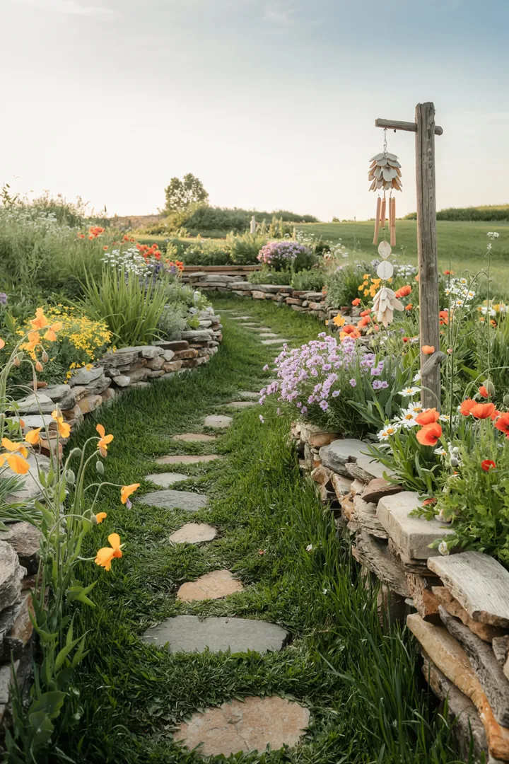 Eine harmonische Gartenlandschaft mit einer gepflegten Rasenfläche, die durch eine elegante Mähkante von bunten Blumenbeeten abgetrennt wird.
