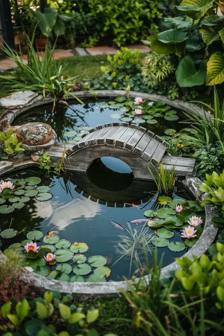 „Ein idyllischer Garten mit reflektierenden Wasserflächen, umgeben von üppigem Grün und blühenden Pflanzen, die eine erfrischende Atmosphäre schaffen.“