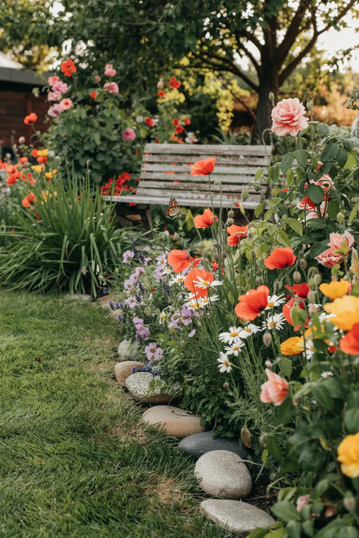 Ein farbenfrohes Blumenbeet, umgeben von dekorativen Steinen, das harmonisch in eine Gartenlandschaft integriert ist.