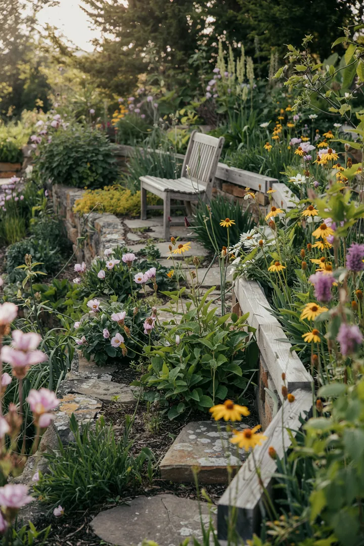 Eine stilvolle Umrandung aus Steinen, die eine Außenterrasse definiert und gleichzeitig einen harmonischen Übergang zum Garten schafft. Ideal für Gartenliebhaber.