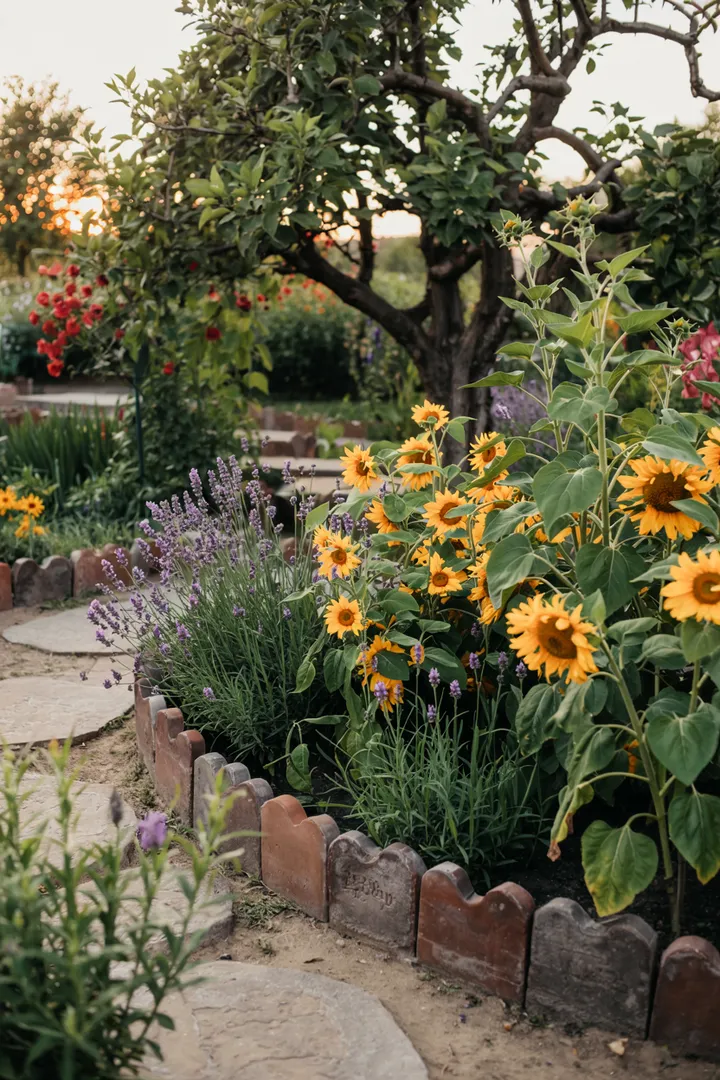 "Blühende Pflanzen in einem vertikalen Garten, der einen Zaun entlang angeordnet ist, schaffen eine harmonische und natürliche Atmosphäre."