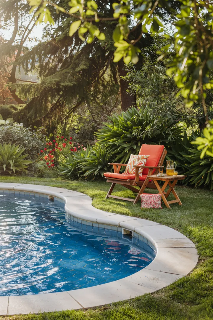 Eine stilvolle Außengestaltung auf einem erhöhten Bereich, der durch Pflanzen und kreative Elemente von der Umgebung getrennt ist, ideal zum Entspannen und Genießen.