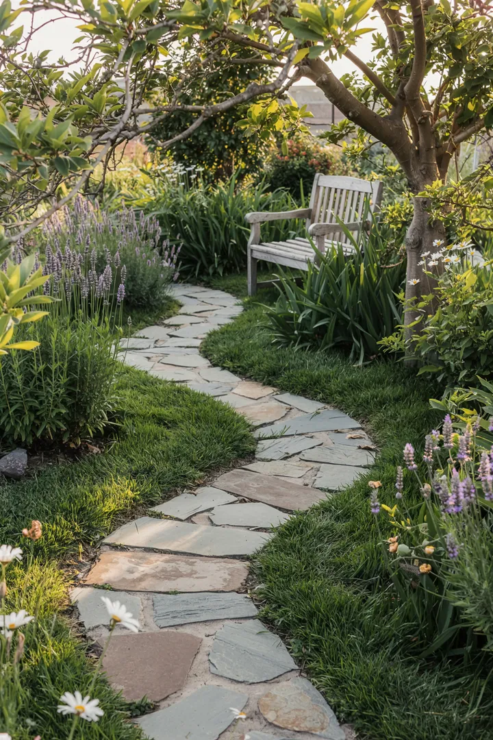 Ein schöner Garten mit farbenfrohen Pflanzen, umgeben von dekorativen Randsteinen, die dem Landschaftsdesign Struktur und Eleganz verleihen.