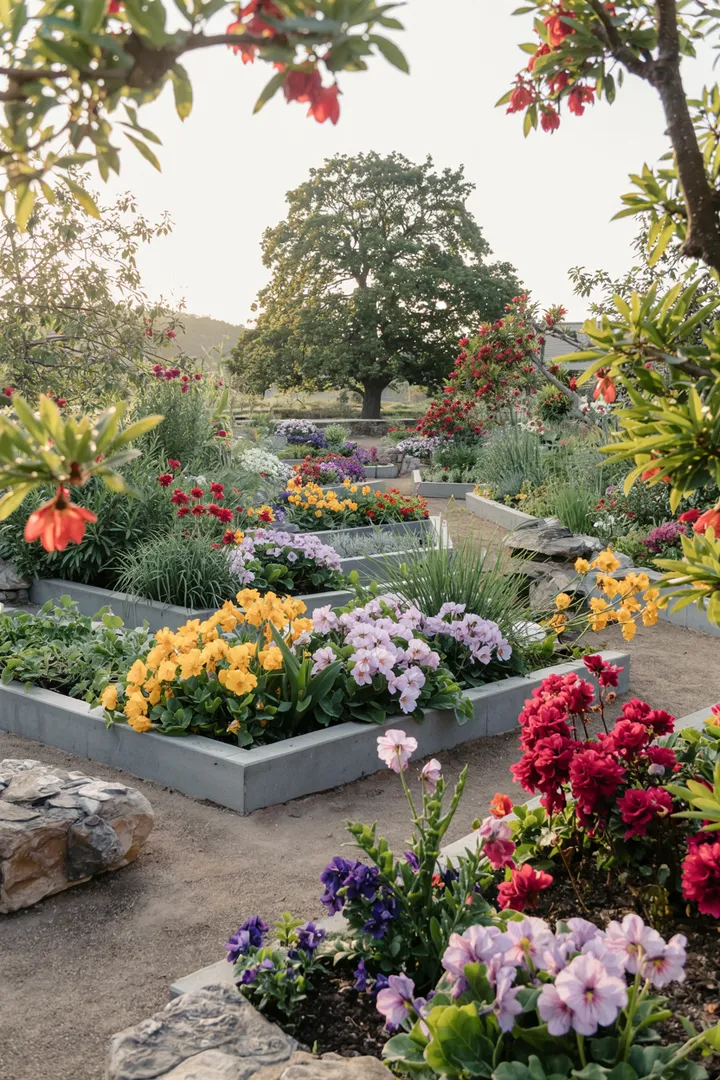 Ein ansprechend gestaltetes Gartenbeet mit rustikalen Steinen, die als Begrenzung dienen, um eine harmonische und natürliche Atmosphäre zu schaffen.