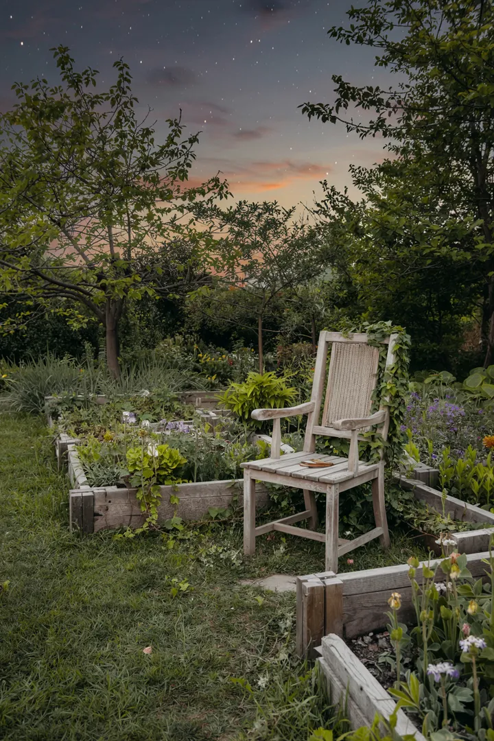 Ein idyllischer Außenbereich mit einer kunstvoll gestalteten Gehwegfläche, umgeben von üppigem Grün und bunten Blumen, ideal für entspannte Stunden im Freien.
