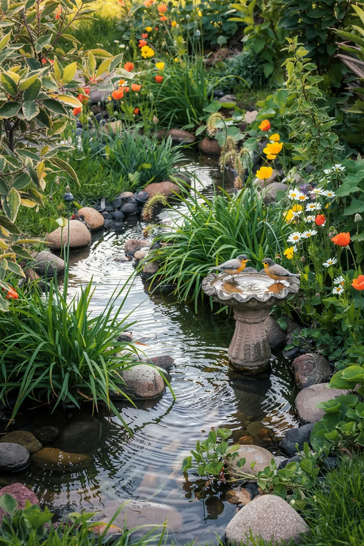 Ein harmonischer Wasserlauf, der sanft durch eine grüne Gartenlandschaft fließt, umgeben von bunten Pflanzen und Natur, ideal für Entspannung.