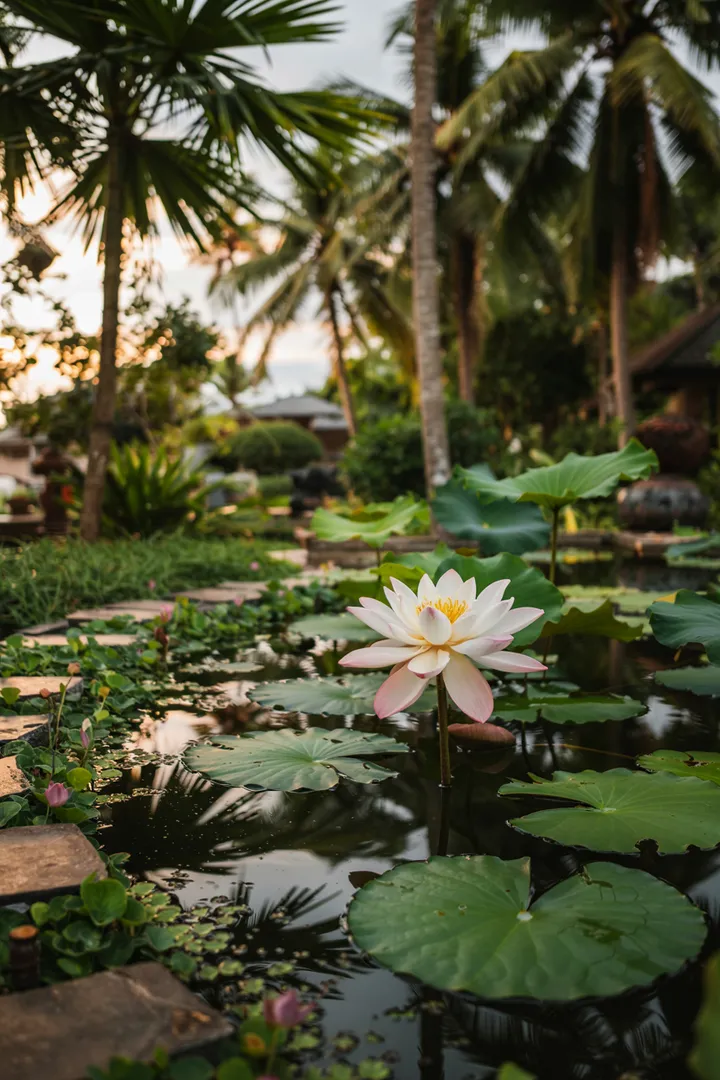 Ein idyllischer Garten mit üppigem Grün, in dem vielfältige Wasserpflanzen harmonisch in einem ruhigen Gewässer gedeihen. Ideal für Naturliebhaber und Teichgestalter.