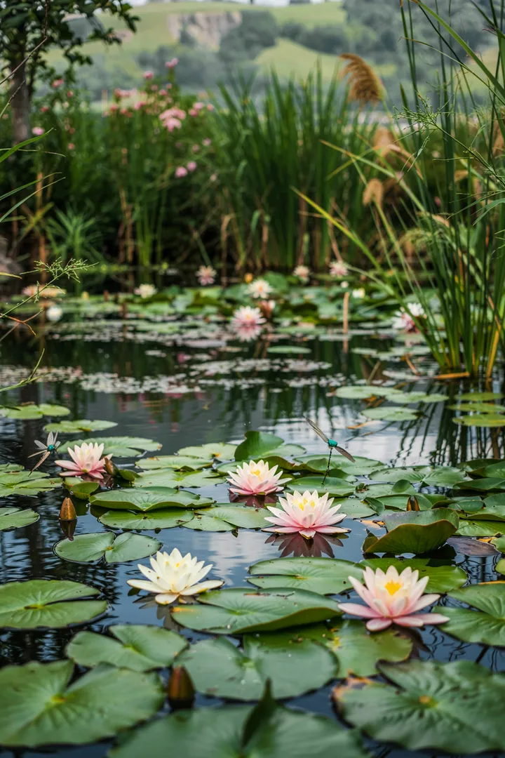Eine üppige Anordnung von Wasserpflanzen in einem ruhigen Gewässer, die harmonisch mit der umgebenden Natur verschmilzt und eine idyllische Teichbepflanzung schafft.