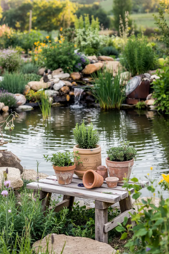 Ein naturnah gestalteter Wasserspiegel umgeben von üppigem Grün und bunten Pflanzen, ideal für die harmonische Teichgestaltung.