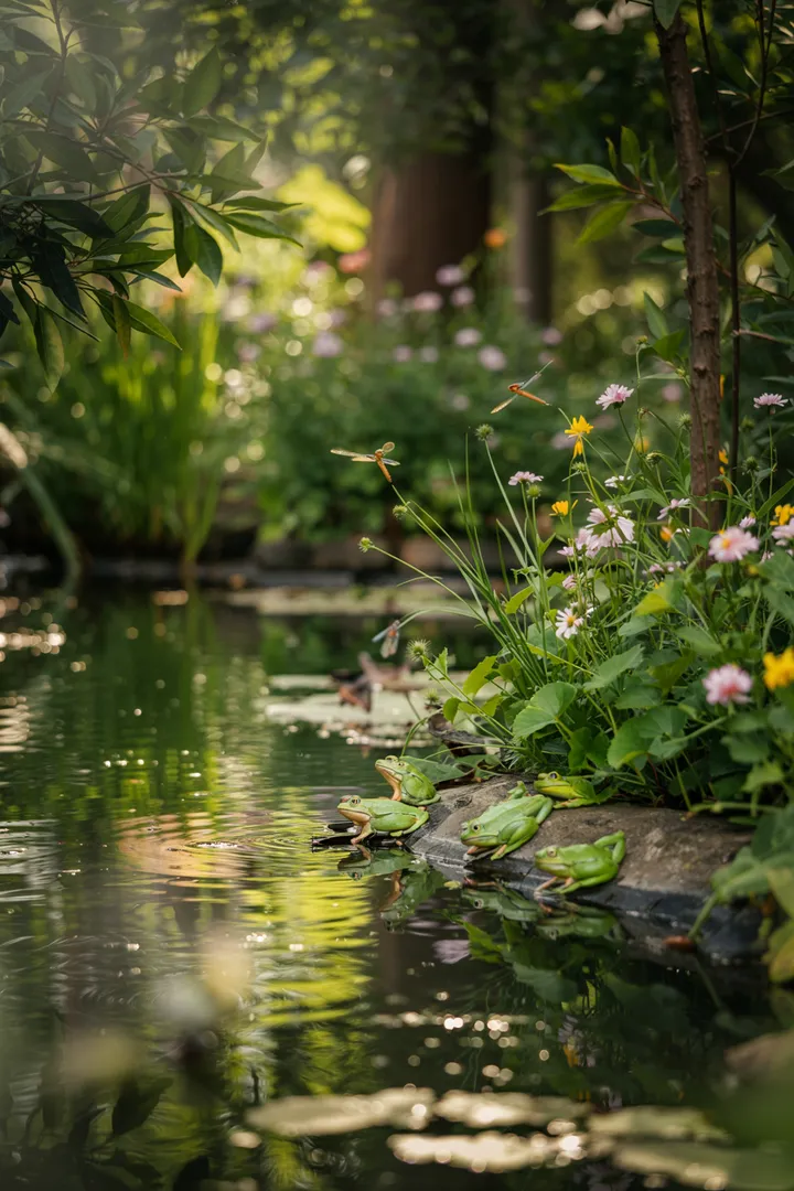 Eine harmonisch angelegte Wasserfläche mit Pflanzen und Steinen, ideal für die kreative Gestaltung einer Teichschale.