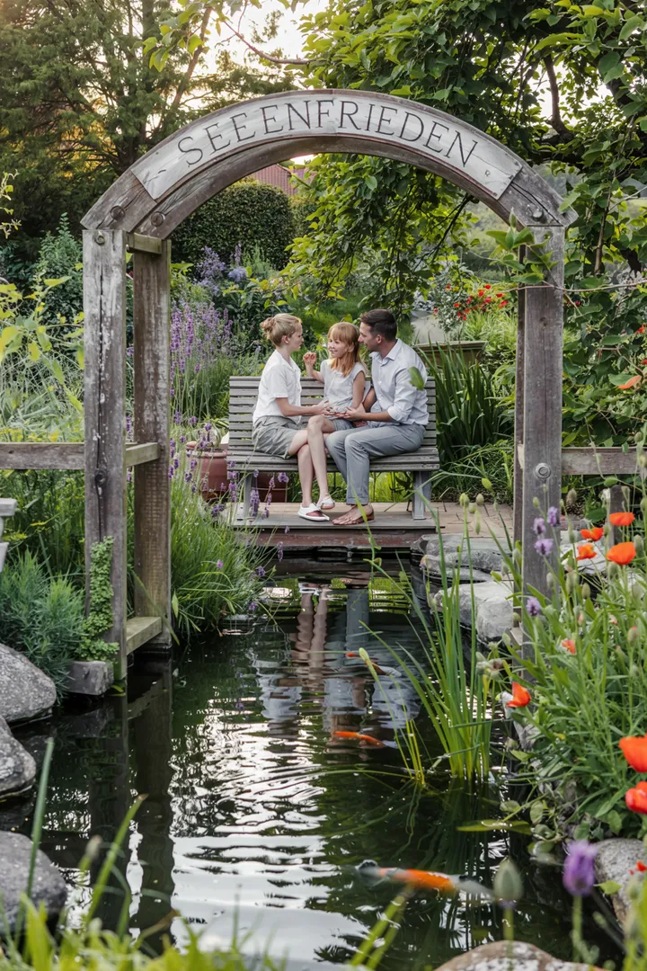 Ein ruhiger, rechteckiger Teich, umgeben von üppigem Grün, reflektiert den blauen Himmel und schafft eine friedliche Atmosphäre in der Natur.