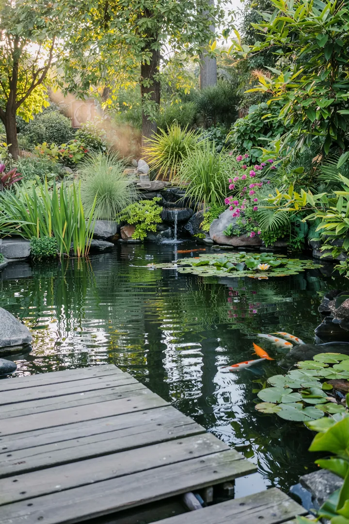 Ein malerischer Garten mit einem ruhigen Gewässer, das sanft über Steine in einen kleinen Wasserfall fließt, umgeben von üppigem Grün.
