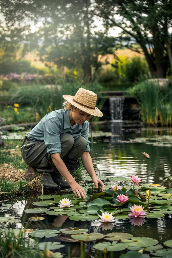 Ein idyllischer Wasserbereich mit Pflanzen und Steinen, der eine ruhige Atmosphäre für einen Außenbereich schafft und perfekt für einen Terassenteich ist.