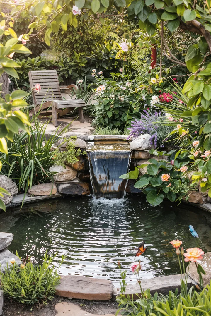 Ein sanft plätschernder Wasserlauf, umgeben von üppigem Grün und bunten Blumen, der die Ruhe der Natur widerspiegelt. Ideal für Entspannung und Meditation.