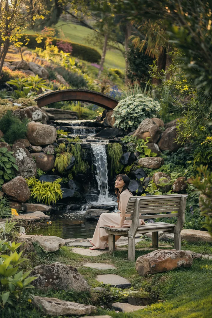 „Ein harmonischer Wasserlauf mit glitzerndem Wasser, umgeben von üppigem Grün und bunten Blumen, der die Ruhe der Natur widerspiegelt.“