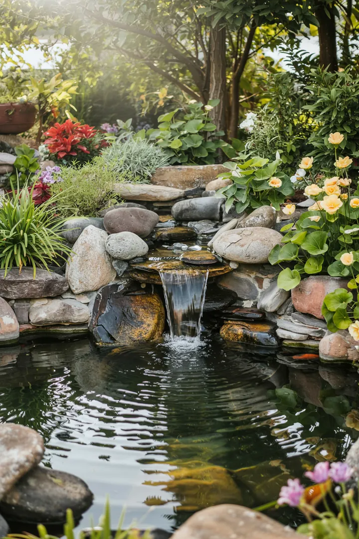 Ein sanft fließender Wasserlauf, umgeben von üppigem Grün und bunten Blumen, schafft eine ruhige, harmonische Atmosphäre in der Natur.