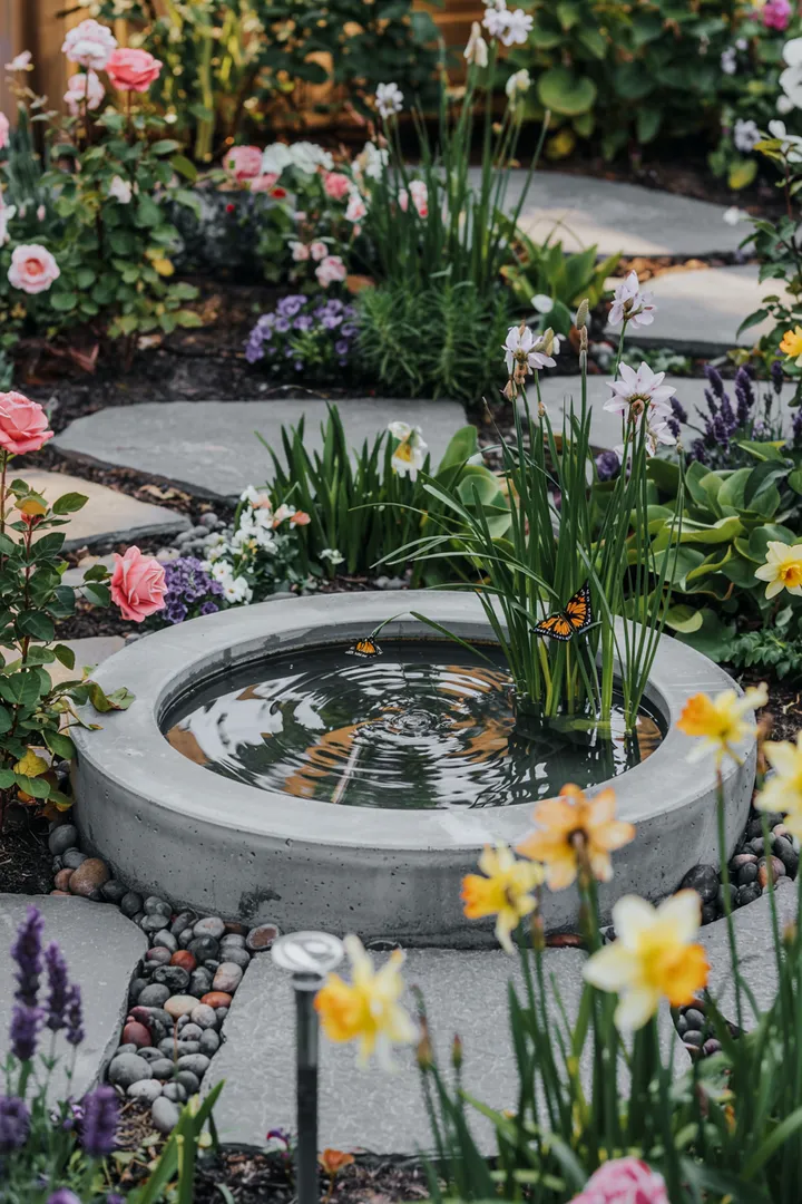 Ein idyllischer Garten mit einem charmanten Gewässer, umgeben von üppigem Grün und bunten Blumen, ideal für kleine Teiche im Garten.