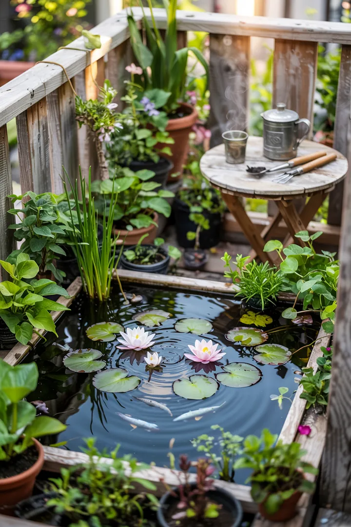 Ein einladender Außenbereich mit einem selbstgebauten Wasserbecken, umgeben von üppigem Grün und bunten Blumen, ideal für kreative Projekte im Freien.