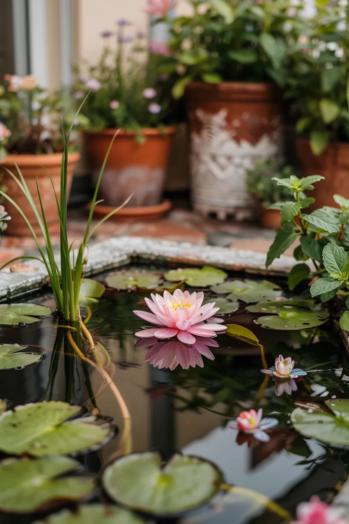 Entspannende Lounge-Atmosphäre mit bequemen Möbeln in einer idyllischen Outdoor-Oase, ideal für eine Sitzecke am Pool.