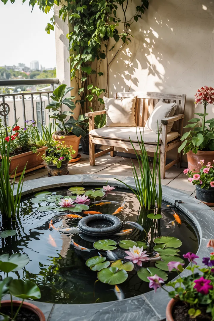 Ein einladender Außenbereich mit einem glitzernden Wasserbecken, umgeben von grünen Pflanzen und gemütlichen Liegeflächen, ideal für die Gestaltung eines Gartens mit Pool.