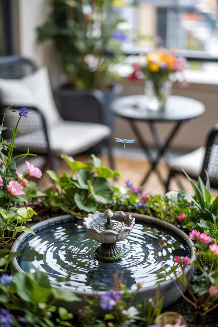 Ein malerischer Außenbereich mit einem einladenden Wasserbecken, umgeben von üppigem Grün und bunten Blüten, ideal für entspannende Momente im Zuber Garten.