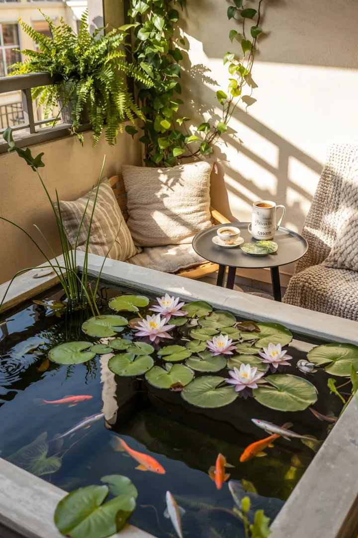 Entspanntes Gartenambiente mit stilvollem Wasserbecken, umgeben von üppigem Grün und kreativen Gestaltungselementen für kleine Outdoor-Oasen.