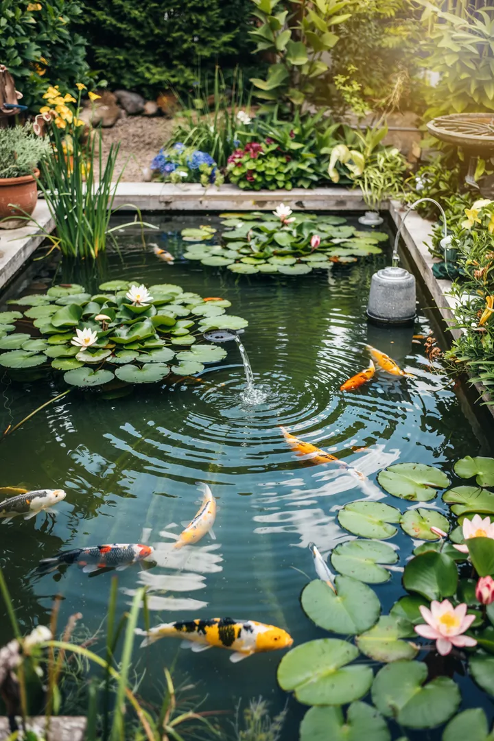 Eine harmonische Gartenszene mit einem versteckten Wasserspiel, das durch elegante Teichpumpen betrieben wird und eine entspannende Atmosphäre schafft.