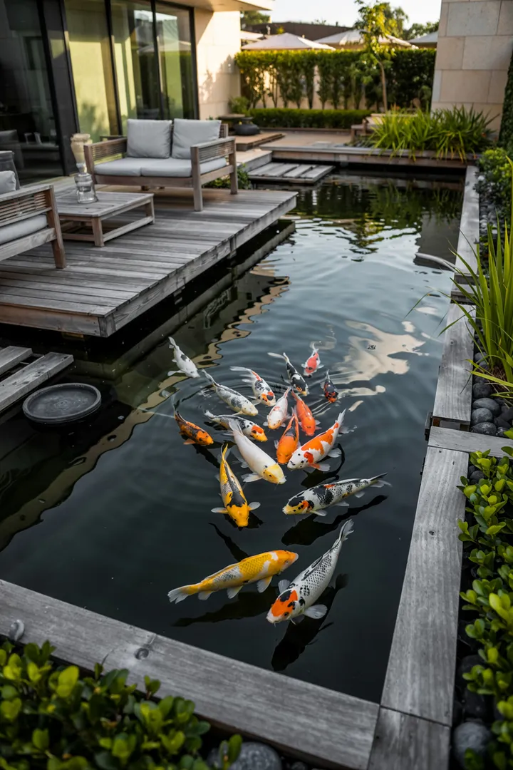 Ein zauberhaft gestalteter Gartenbereich mit kunstvoller Wasserlandschaft und stilvollen Elementen zur Teichgestaltung, die eine friedliche Atmosphäre schaffen.