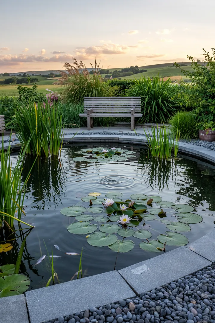 Ein harmonisches Gartenelement, das mit Steinen und Pflanzen die Umgebung eines Wasserspiels umrahmt und eine einladende Atmosphäre schafft. Ideale Inspiration für kreative Gestaltungsideen.