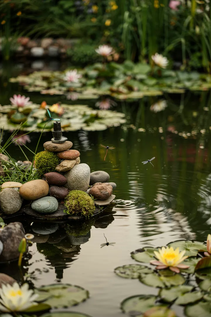 Ein idyllischer Garten mit einem versteckten Wasserspiel, in dem Teichpumpen harmonisch integriert sind und die natürliche Schönheit der Umgebung unterstreichen.