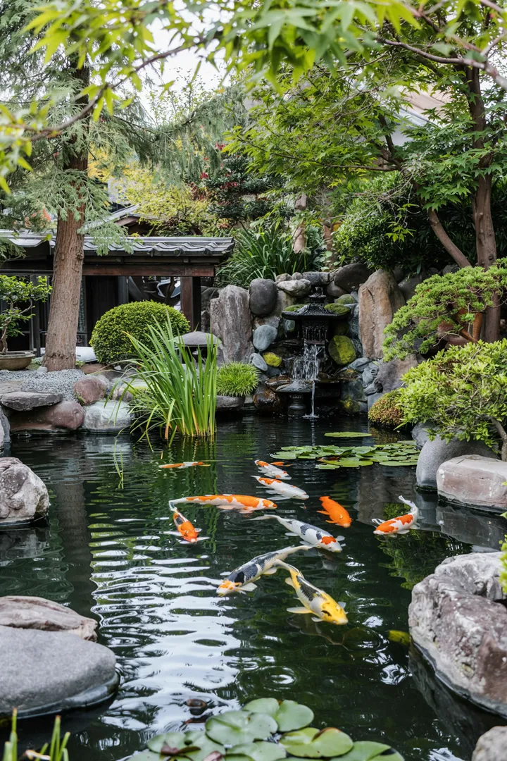 Ein idyllischer kleiner Wasserspiegel umgeben von üppigen Pflanzen, ideal für einen charmanten Außenbereich mit einem Miniaturgewässer.