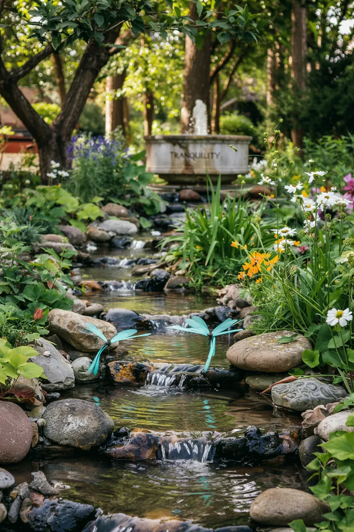 Ein dekoratives kleines Wasserspiel in einem grünen Außenbereich, ideal für einen Miniaturgarten und entspannende Atmosphäre.