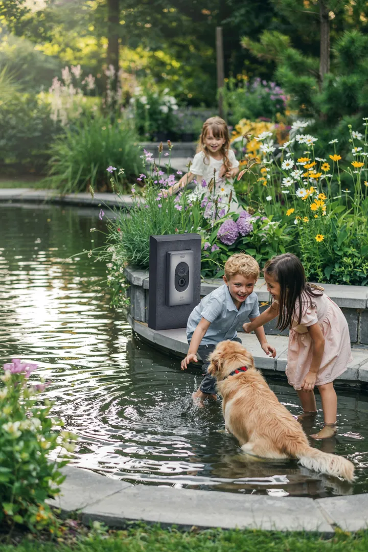Eine idyllische Wasserlandschaft, umgeben von üppigen Pflanzen, die harmonisch in die Umgebung des Gartens integriert sind. Ideal für die Gestaltung eines Gartenteichs.