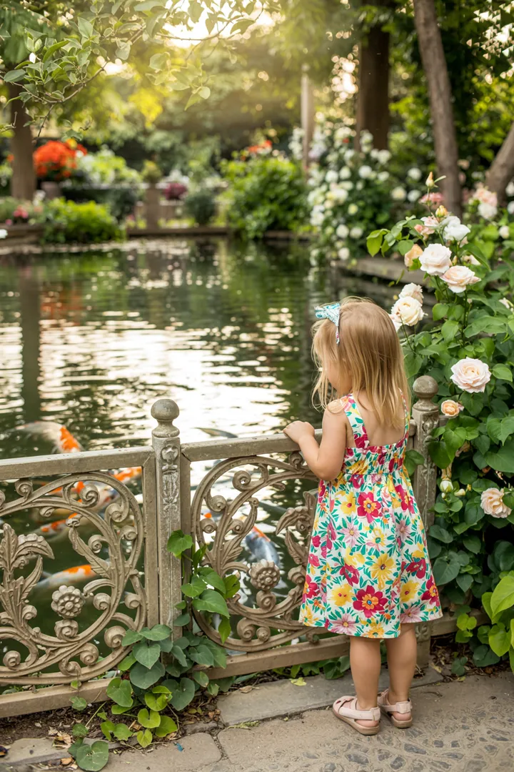 Ein idyllischer Garten mit einem klaren Wasserbehälter, umgeben von üppigem Grün und bunten Blumen, perfekt für die Entspannung im Freien. Teich Wanne harmonisch integriert.