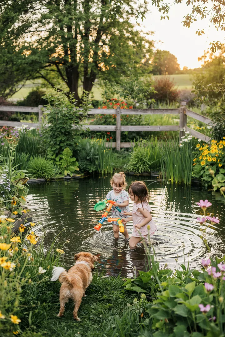 Ein malerischer Garten mit einem liebevoll angelegten Wasserbecken, umgeben von üppigem Grün und bunten Blüten, ideal für eine harmonische Gartenteichgestaltung.