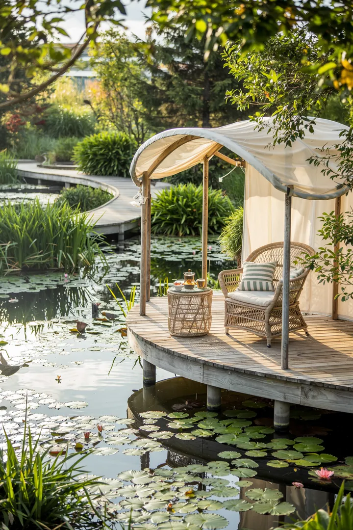Ein idyllischer Gartenbereich mit üppigem Grün, bunten Blumen und einem harmonisch gestalteten Wasserlauf, ideal für die kreative Teichrand-Gestaltung.