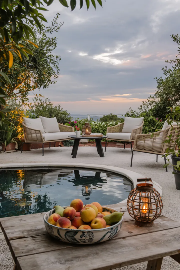 Ein idyllischer Wassergarten mit bunten Fischen, die in einem ruhigen Teich schwimmen, umgeben von üppiger Pflanzenwelt und sanften Sonnenstrahlen.