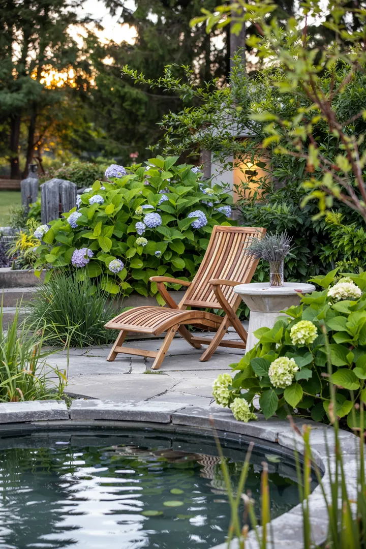 Eine idyllische Wasserfläche in einem grünen Garten, umgeben von bunten Pflanzen und kleinen Steinen, die eine harmonische Umgebung für einen kleinen Gartenteich schaffen.